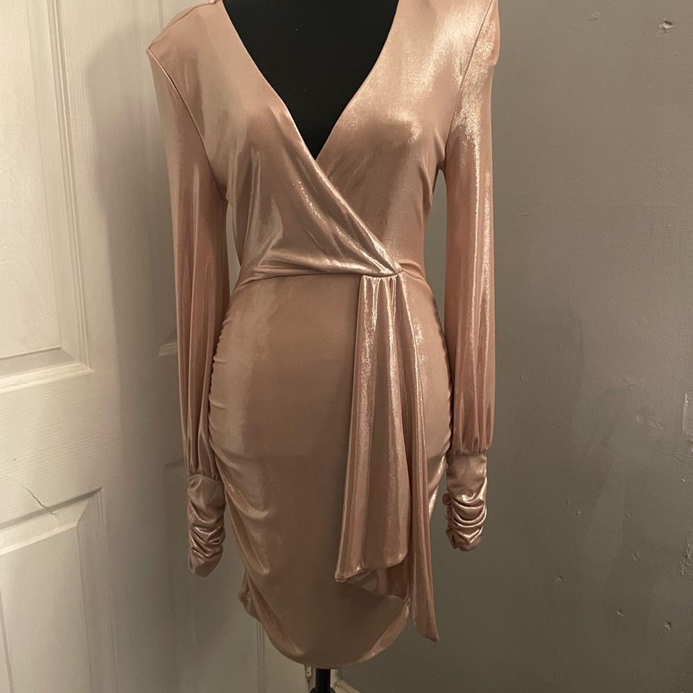 Fashion Nova Shimmering Rose Gold Wrap Dress